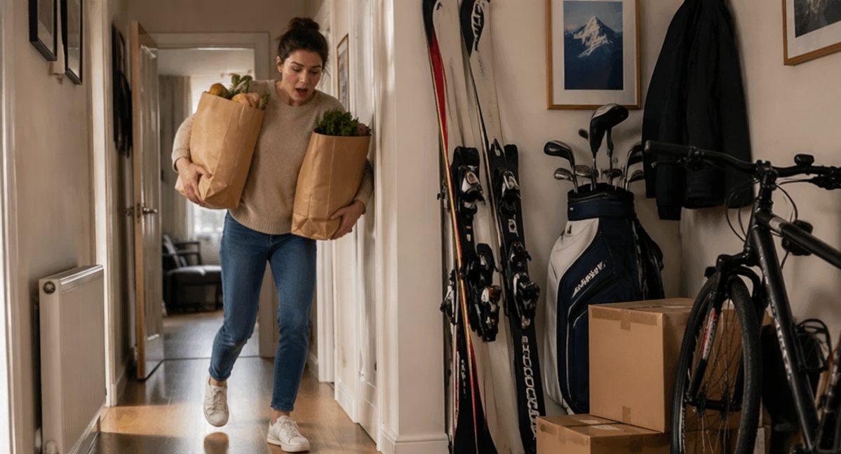 Hallway with skis, golf clubs and a bike taking up space at home